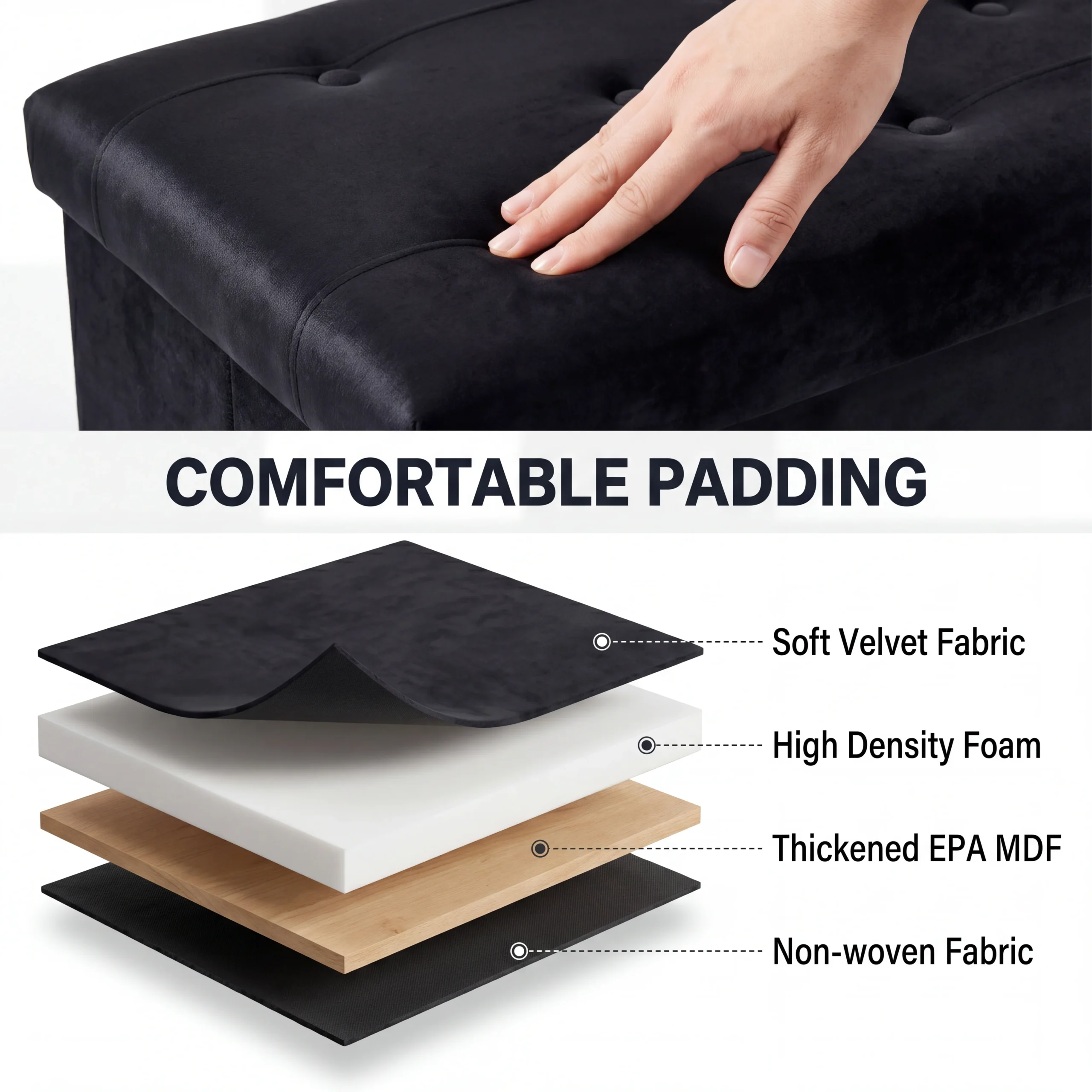 Foldable Velvet Storage Ottoman Bench – Black