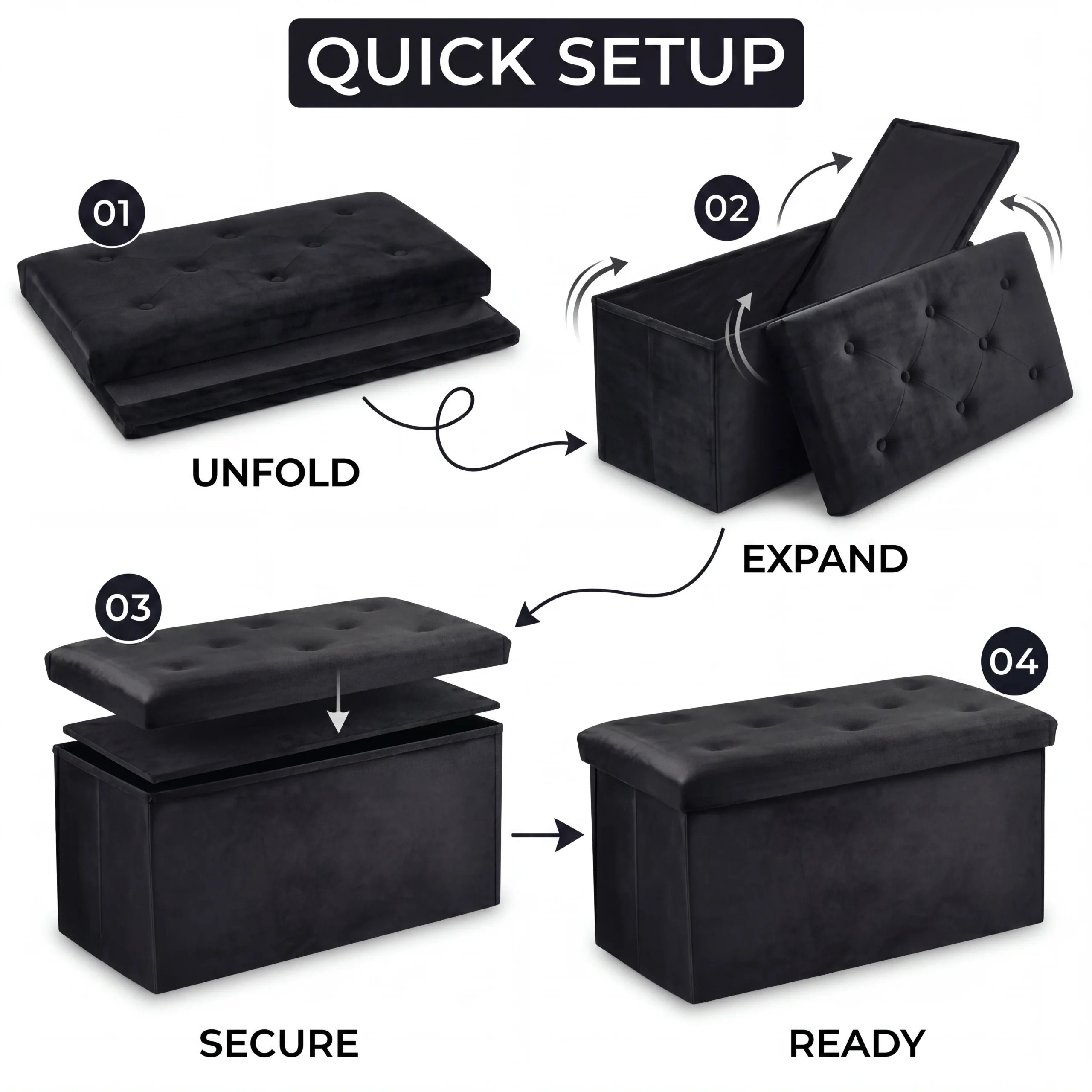 Foldable Velvet Storage Ottoman Bench – Black