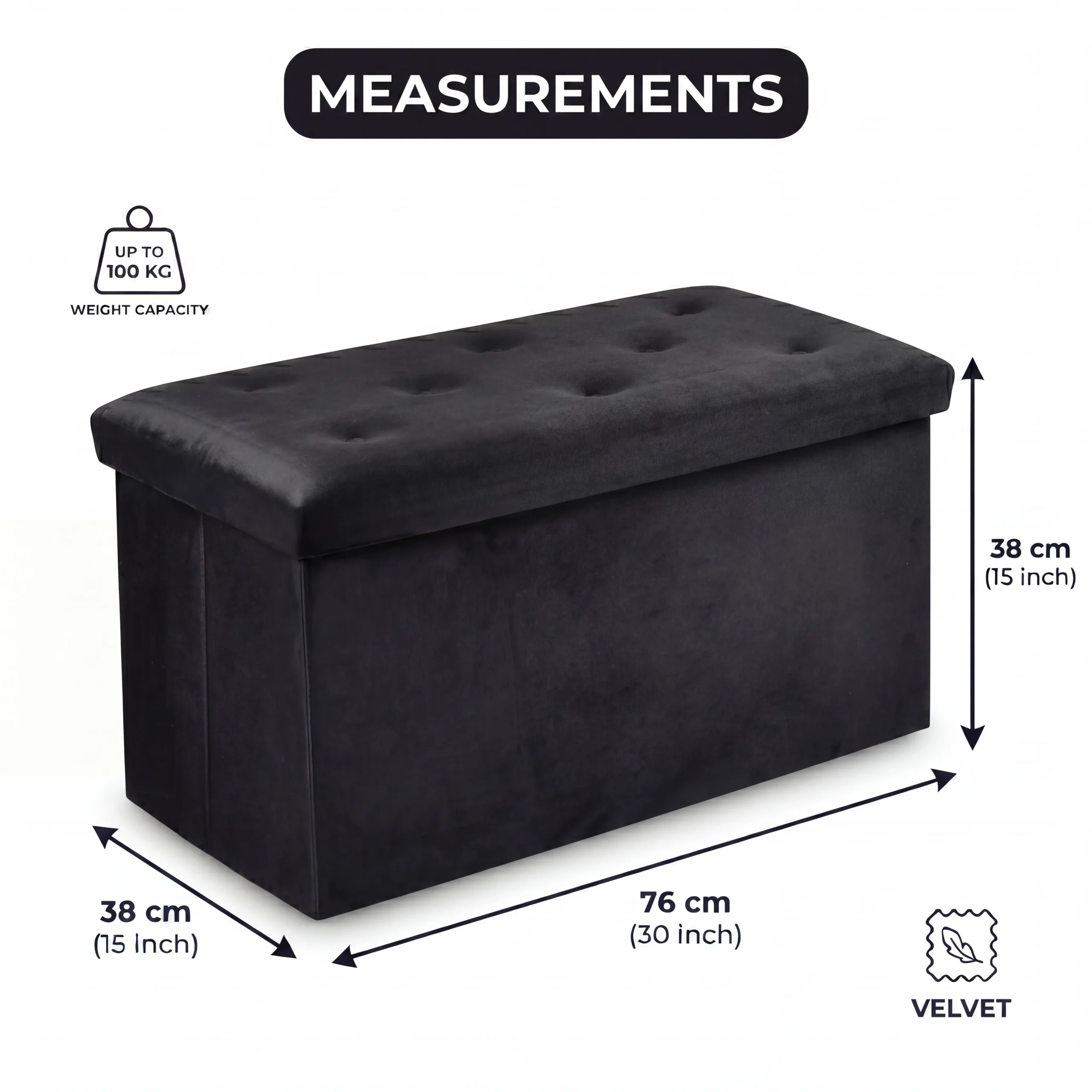 Foldable Velvet Storage Ottoman Bench – Black