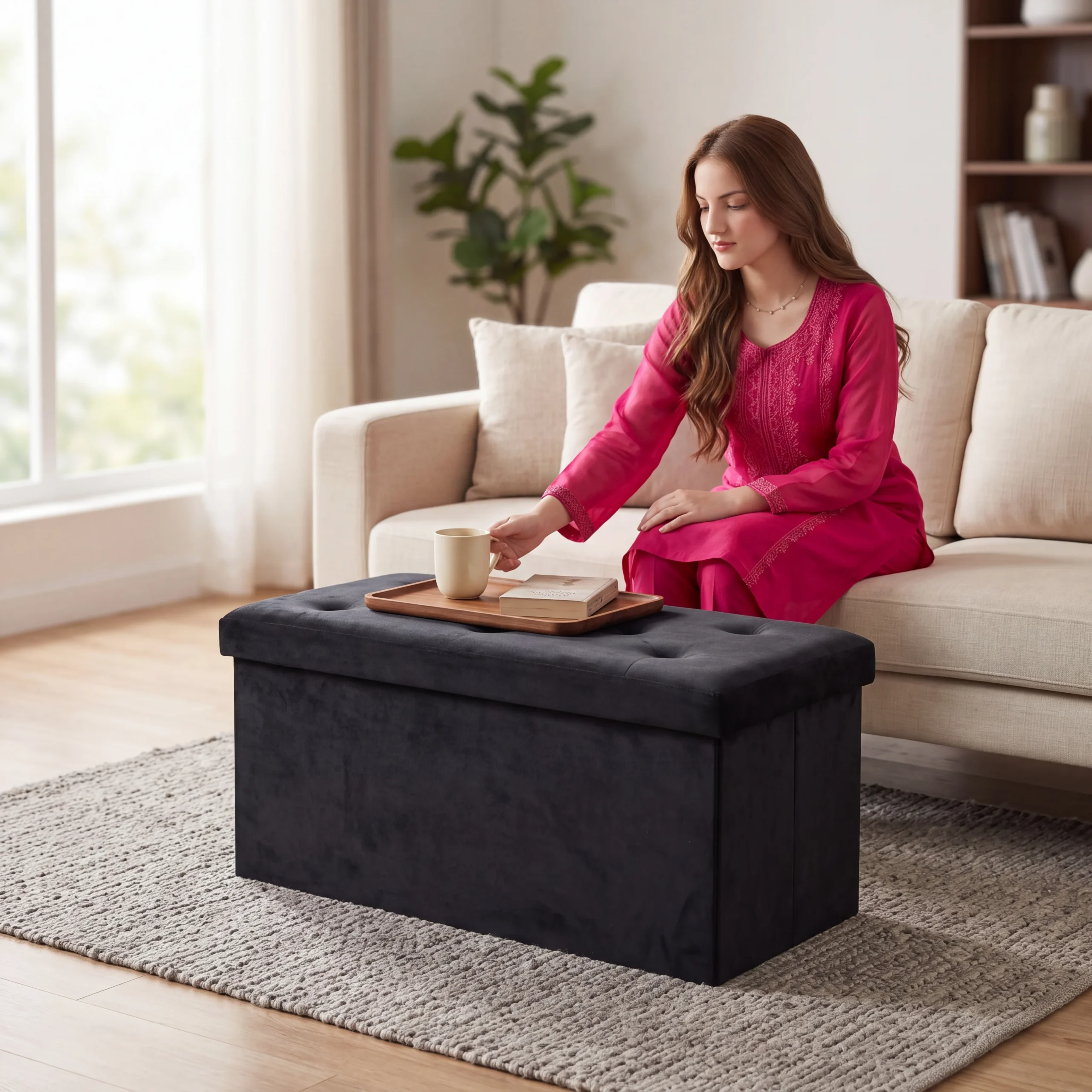 Foldable Velvet Storage Ottoman Bench – Black
