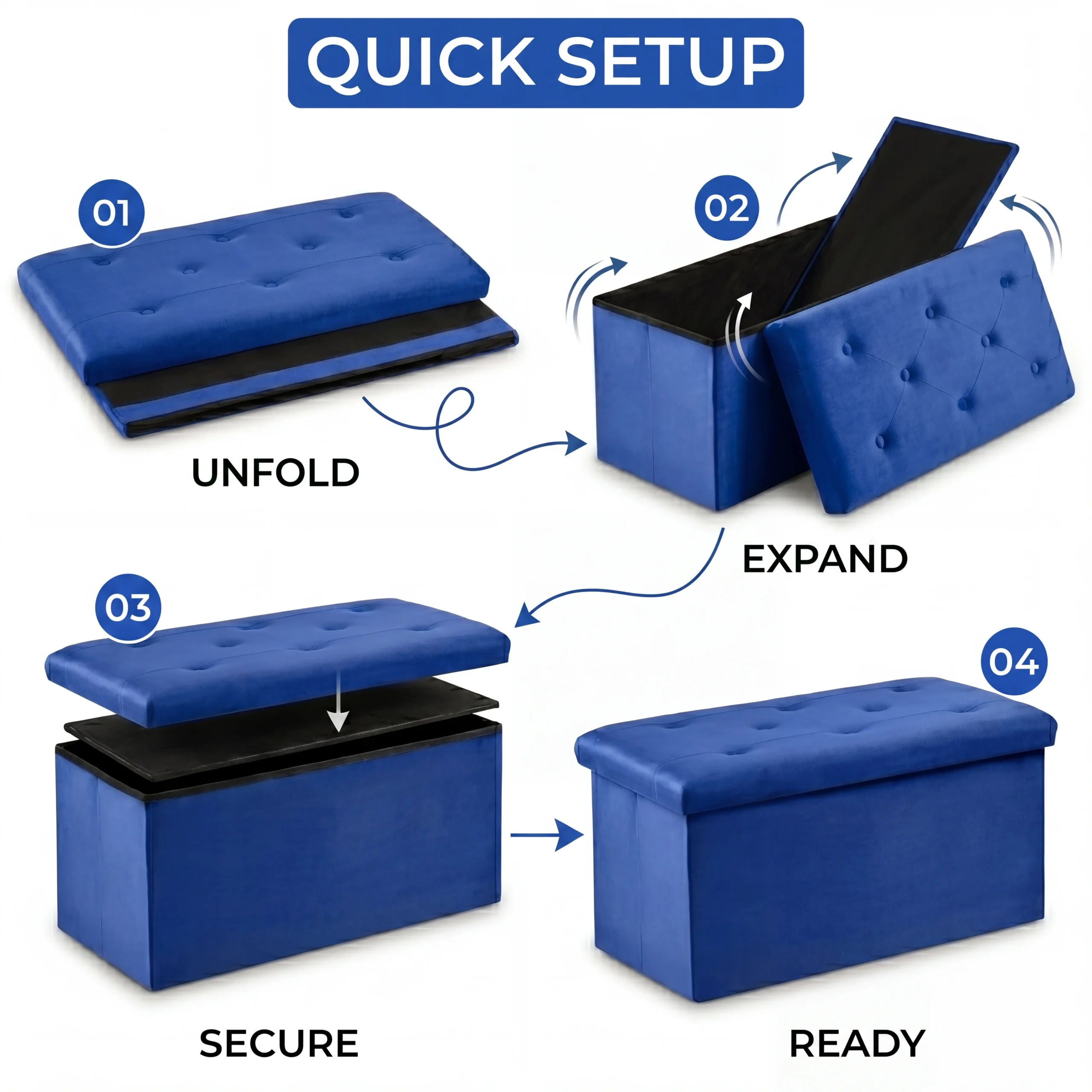 Foldable Velvet Storage Ottoman Bench – Blue