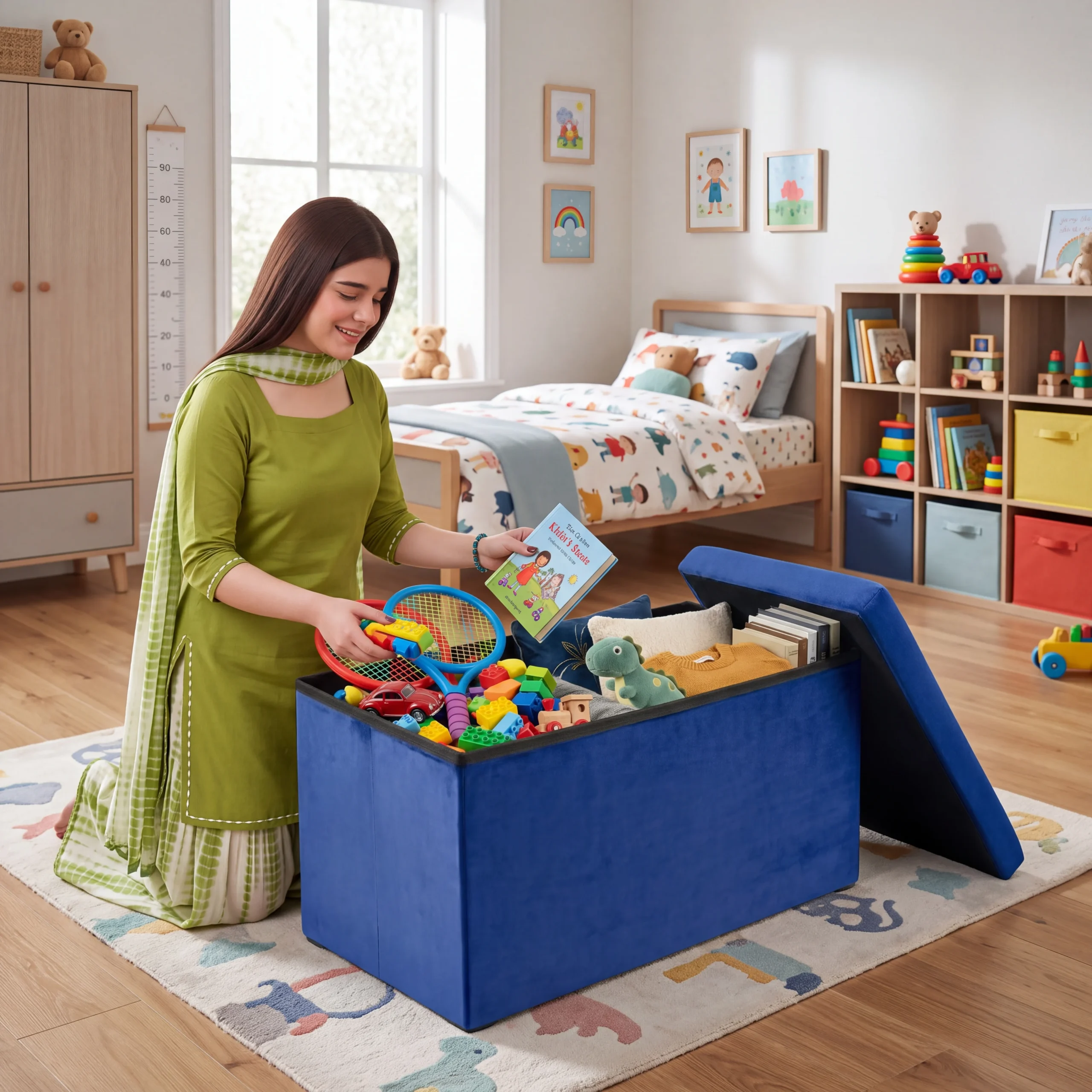 Foldable Velvet Storage Ottoman Bench – Blue