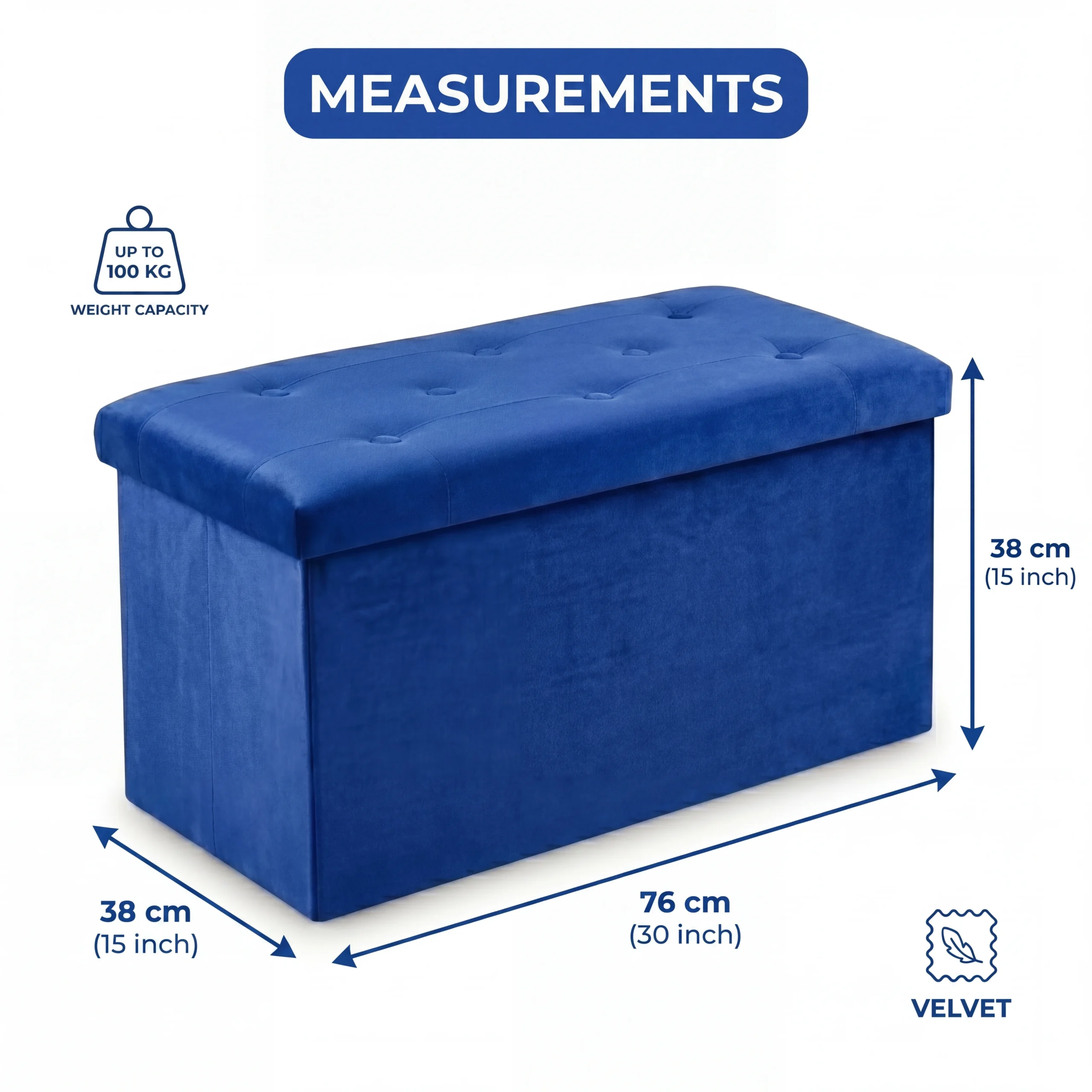 Foldable Velvet Storage Ottoman Bench – Blue