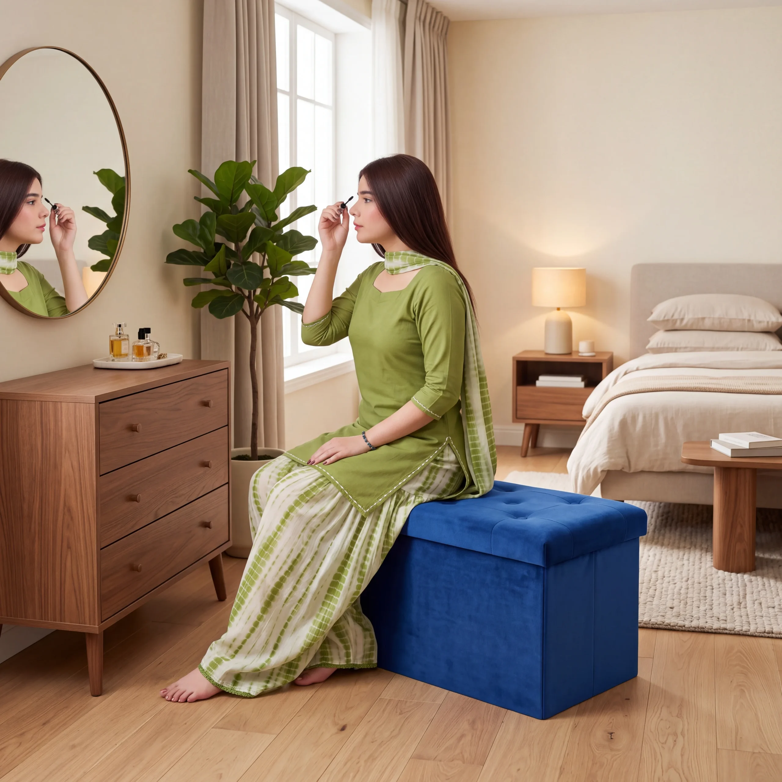 Foldable Velvet Storage Ottoman Bench – Blue
