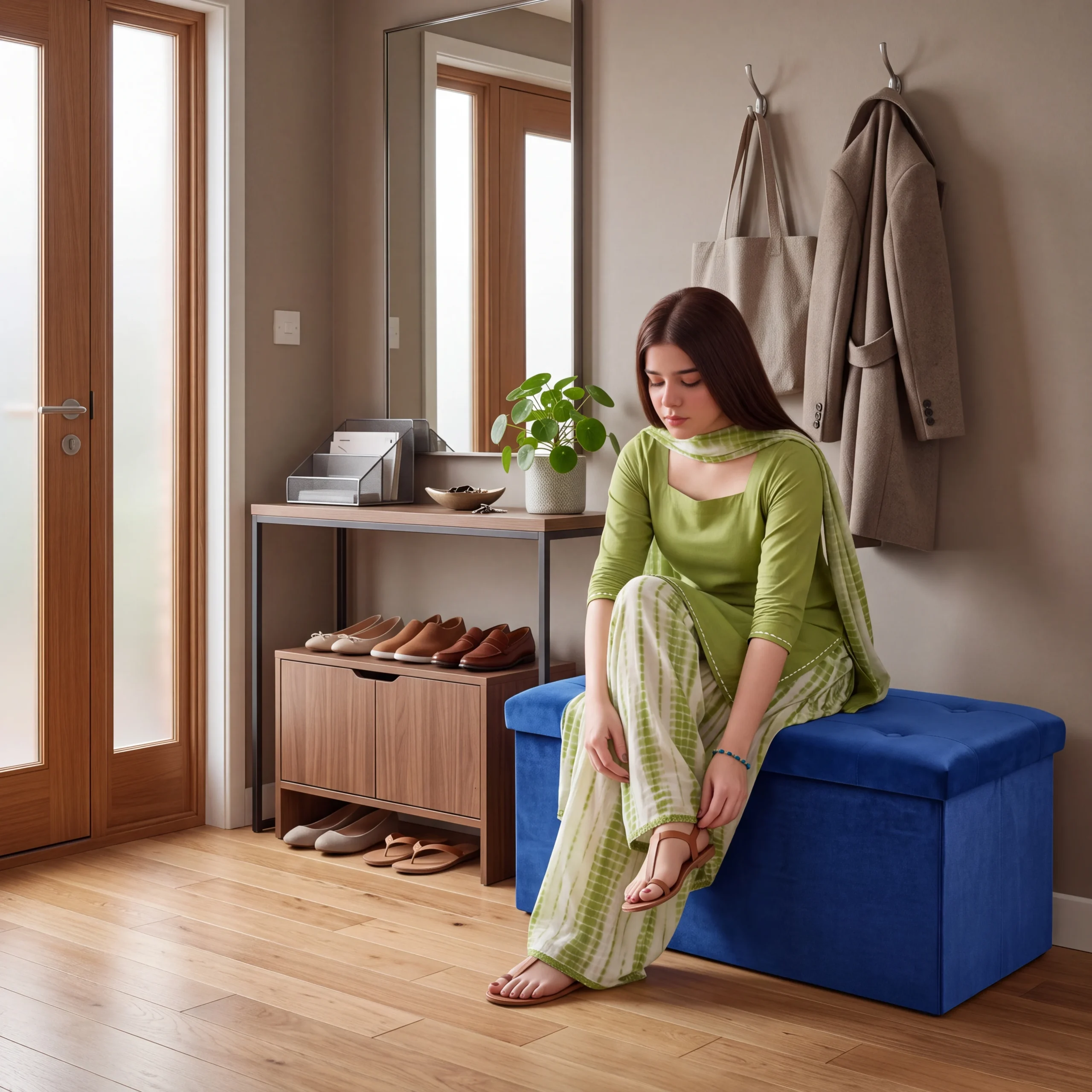 Foldable Velvet Storage Ottoman Bench – Blue