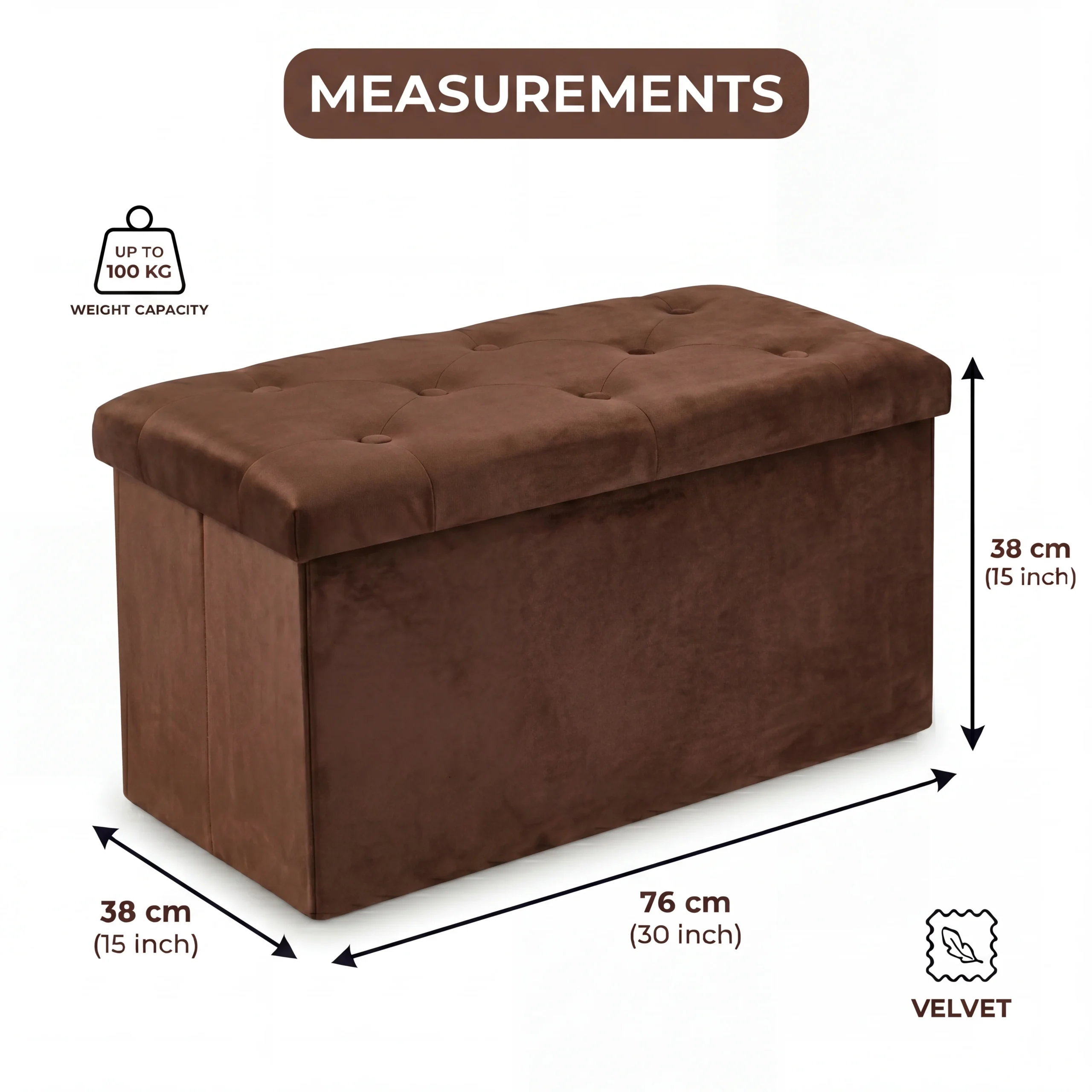 Foldable Velvet Storage Ottoman Bench – Brown