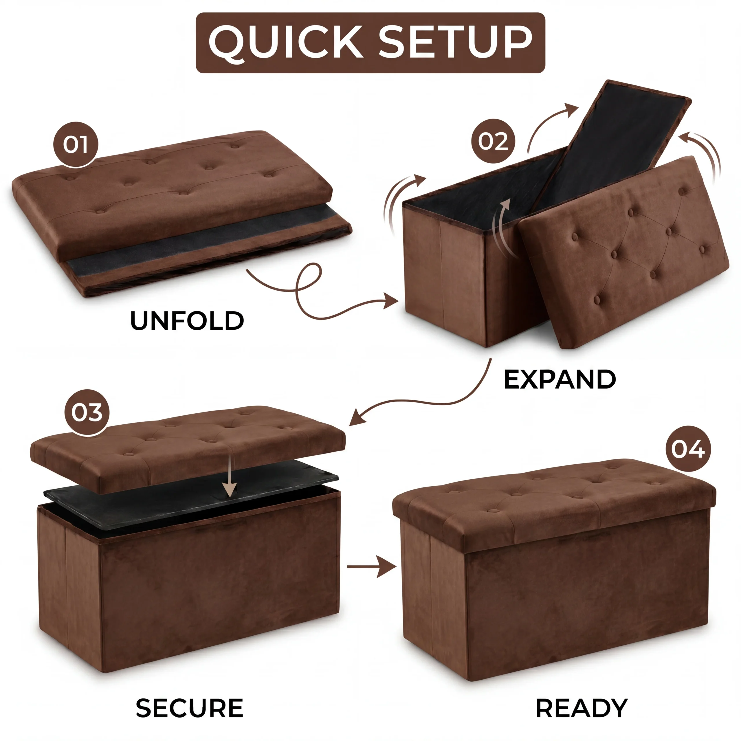 Foldable Velvet Storage Ottoman Bench – Brown