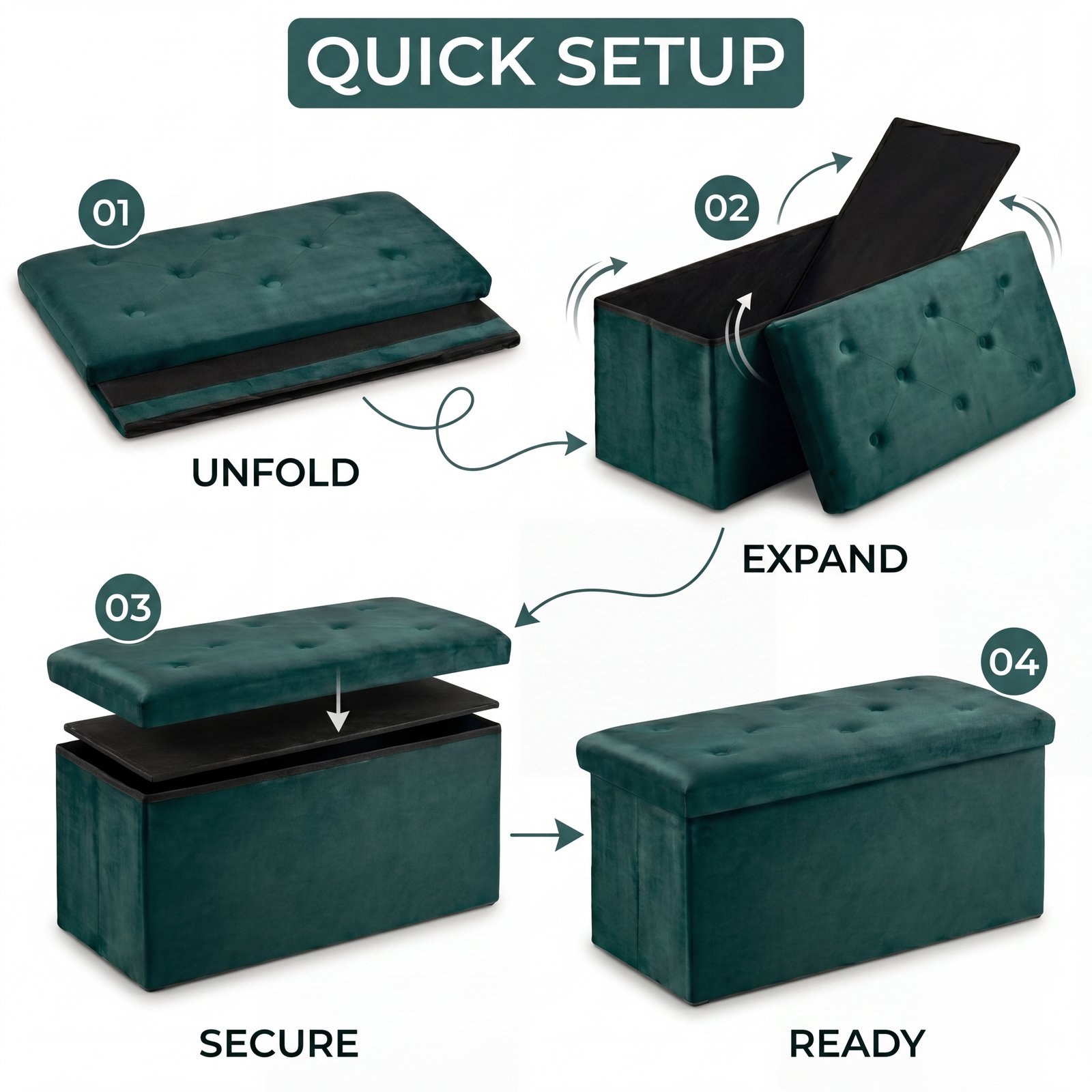 Foldable Velvet Storage Ottoman Bench – Green