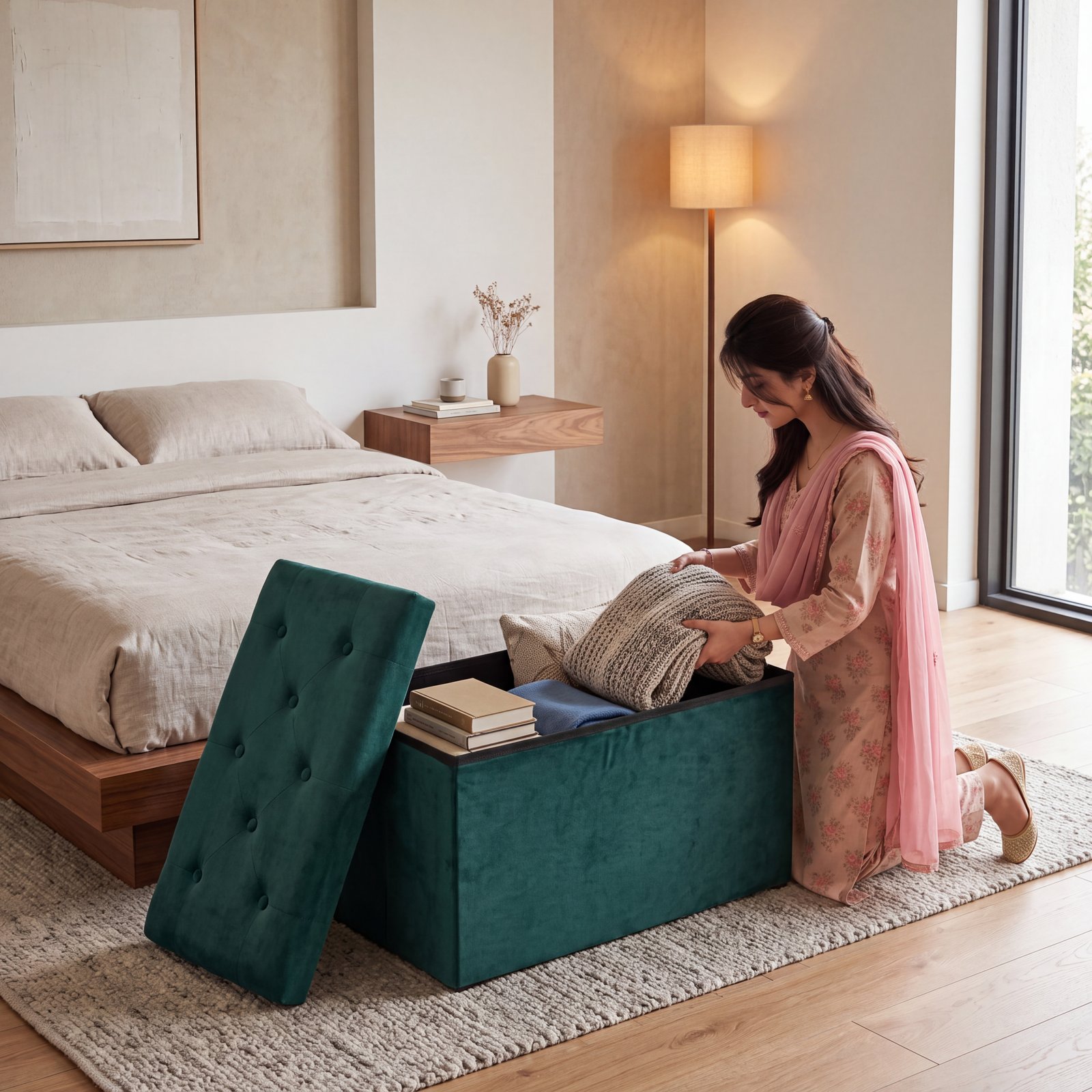 Foldable Velvet Storage Ottoman Bench – Green