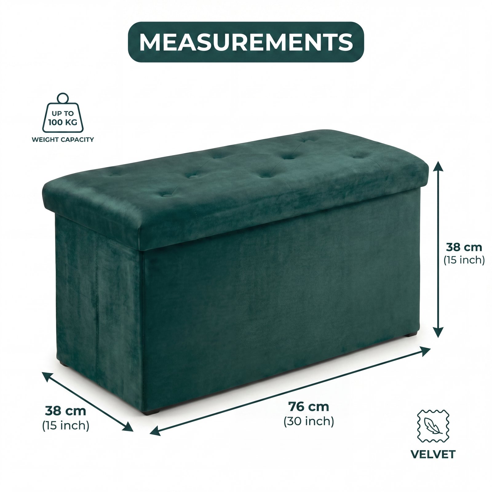 Foldable Velvet Storage Ottoman Bench – Green
