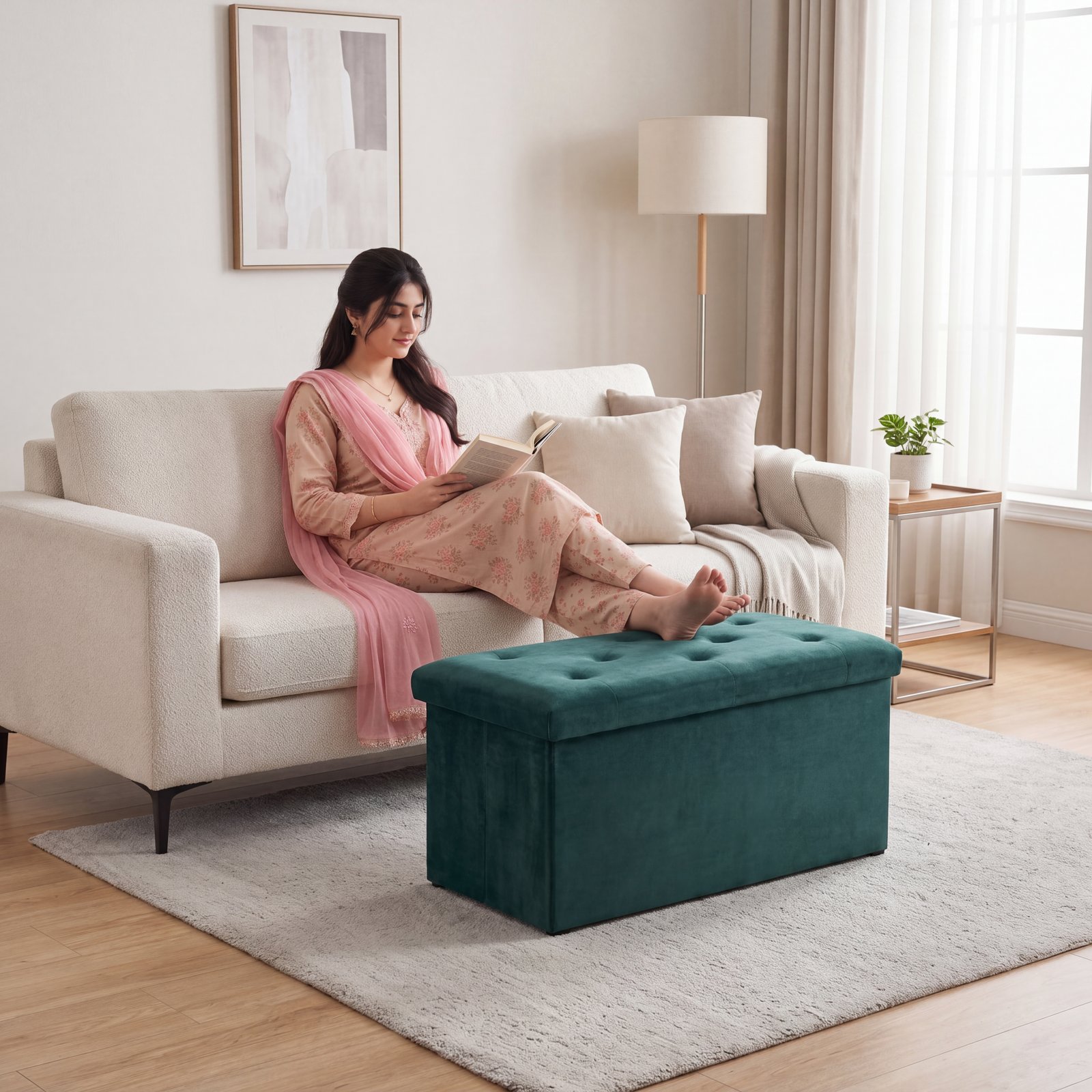 Foldable Velvet Storage Ottoman Bench – Green