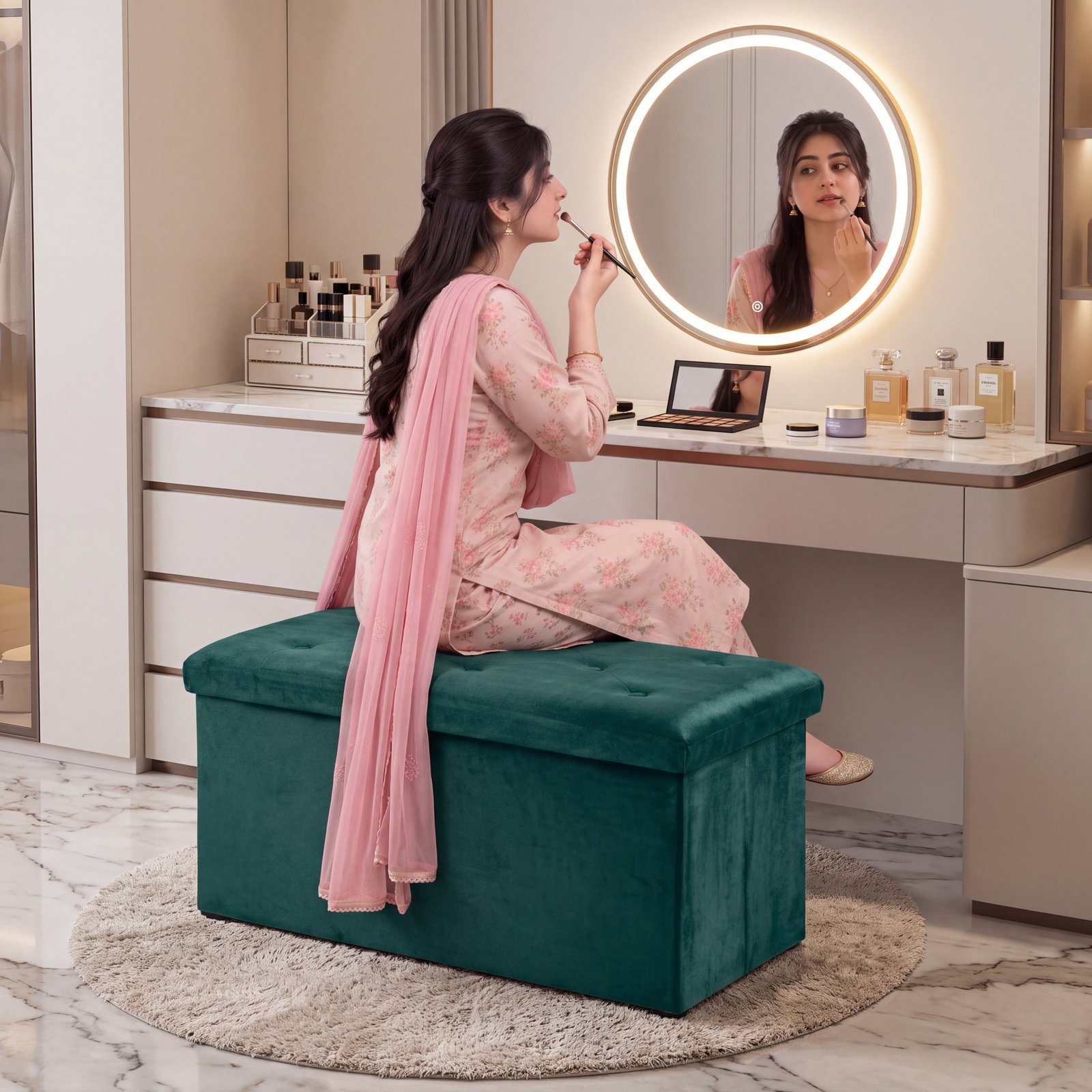 Foldable Velvet Storage Ottoman Bench – Green