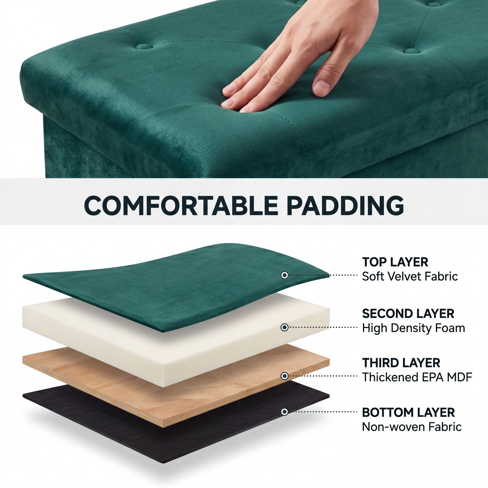 Foldable Velvet Storage Ottoman Bench – Green