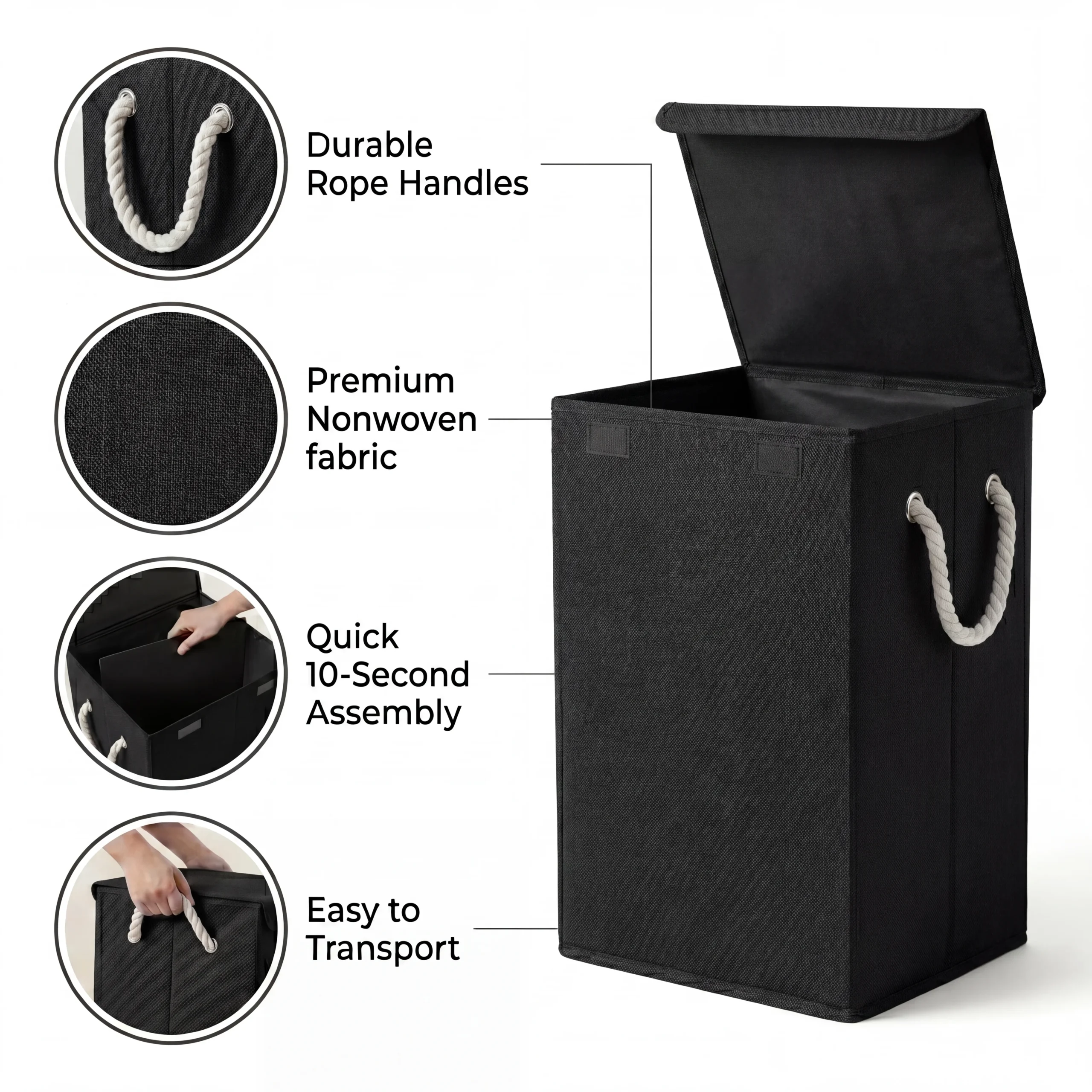 Foldable Laundry Basket With Lid & Handles – Black