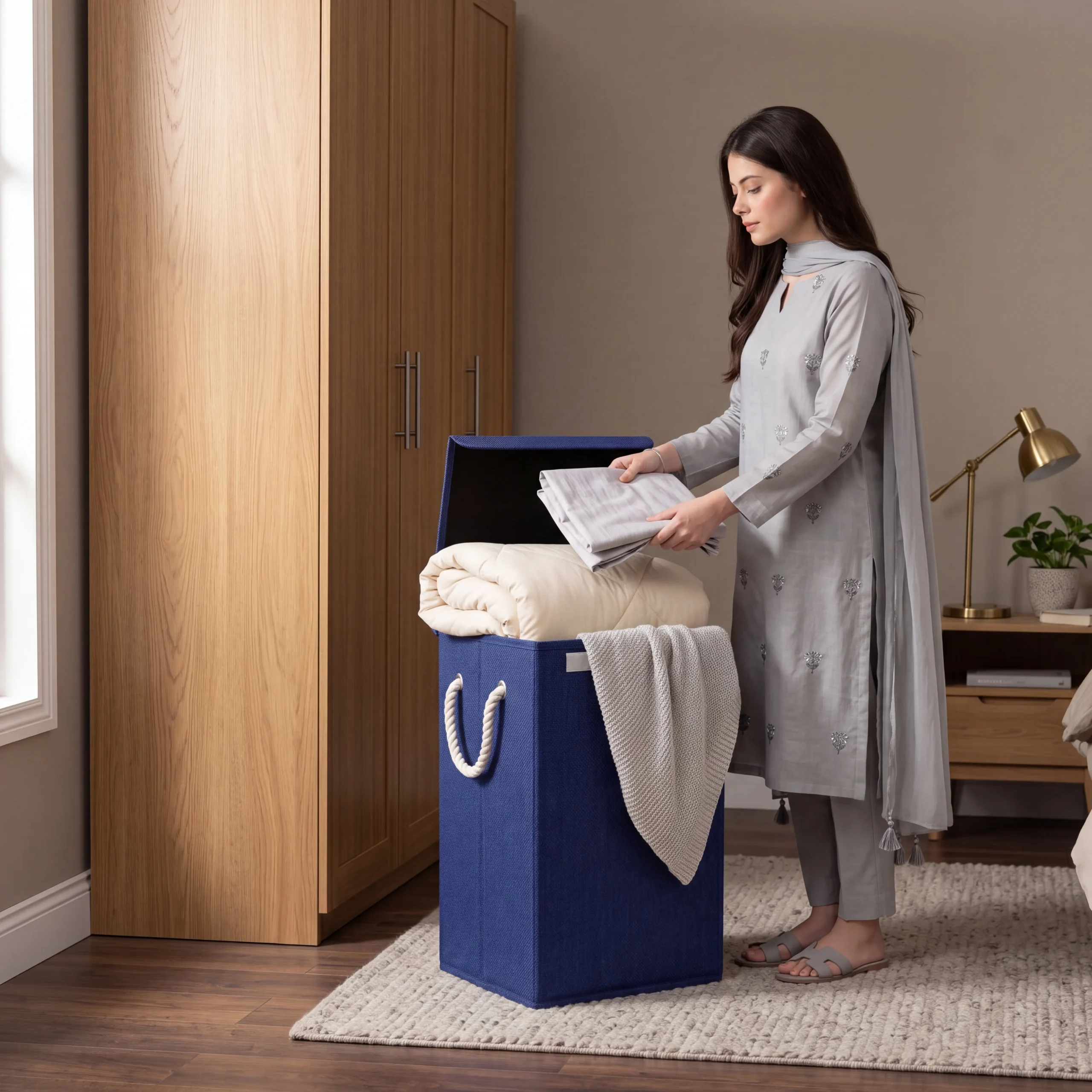 Foldable Laundry Basket With Lid & Handles – Blue