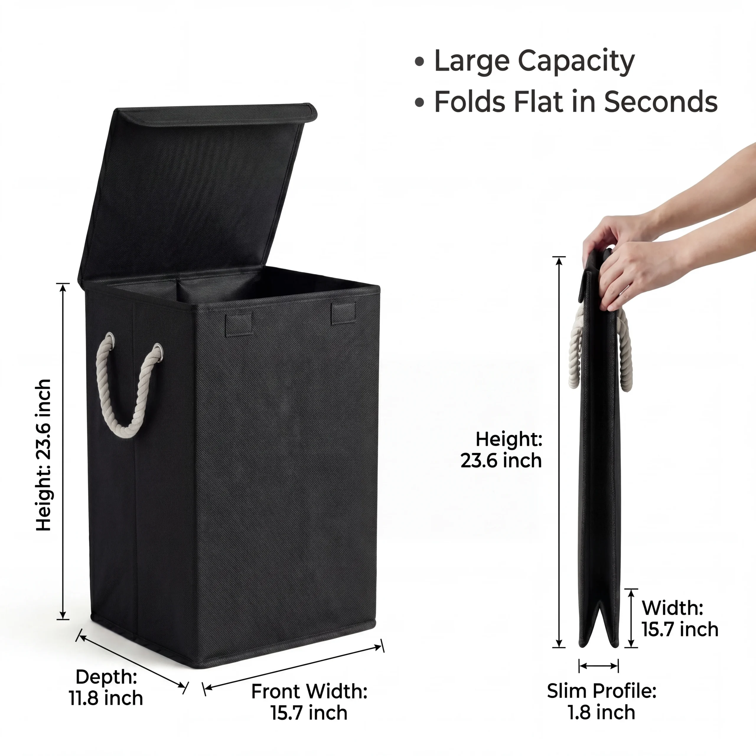 Foldable Laundry Basket With Lid & Handles – Black