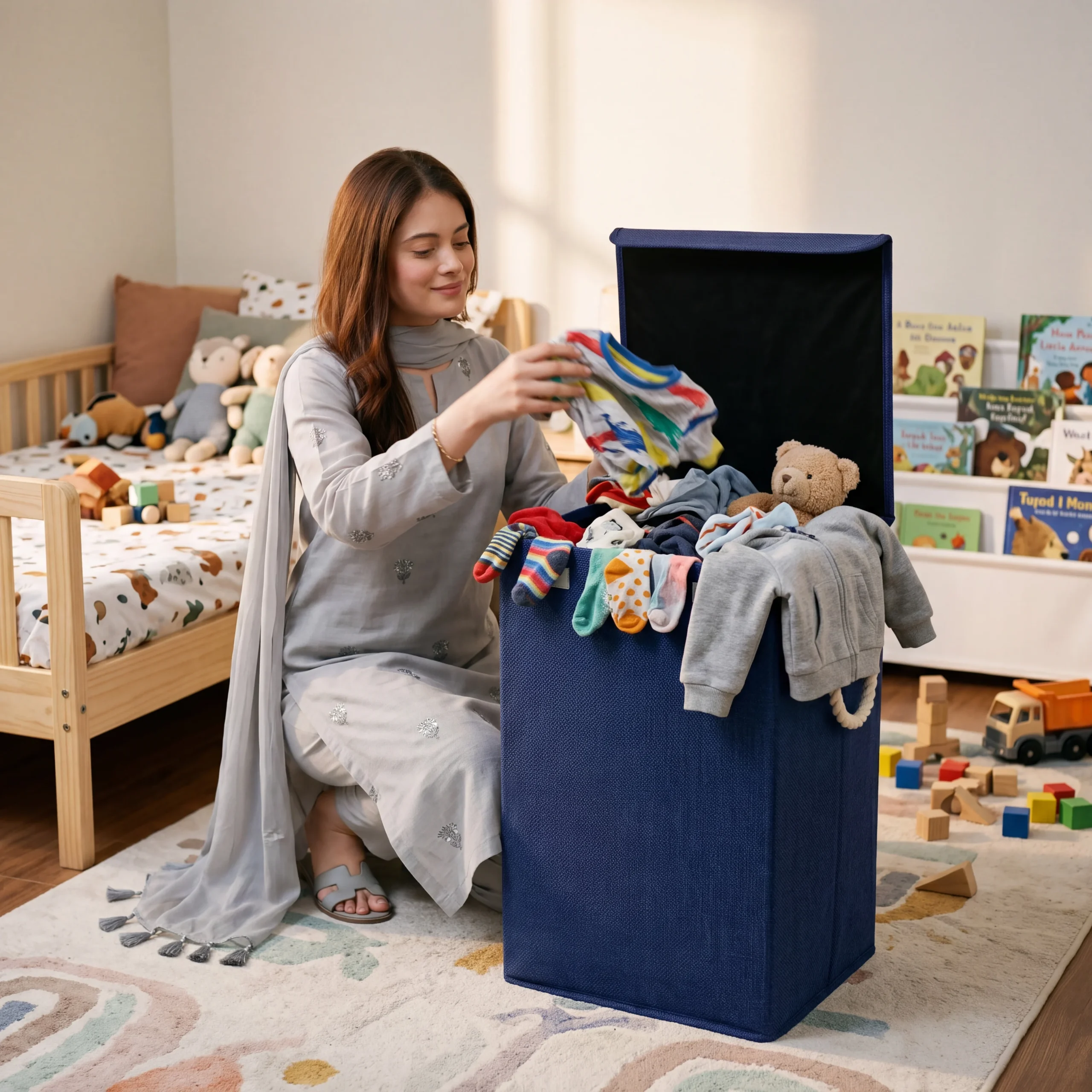Foldable Laundry Basket With Lid & Handles – Blue